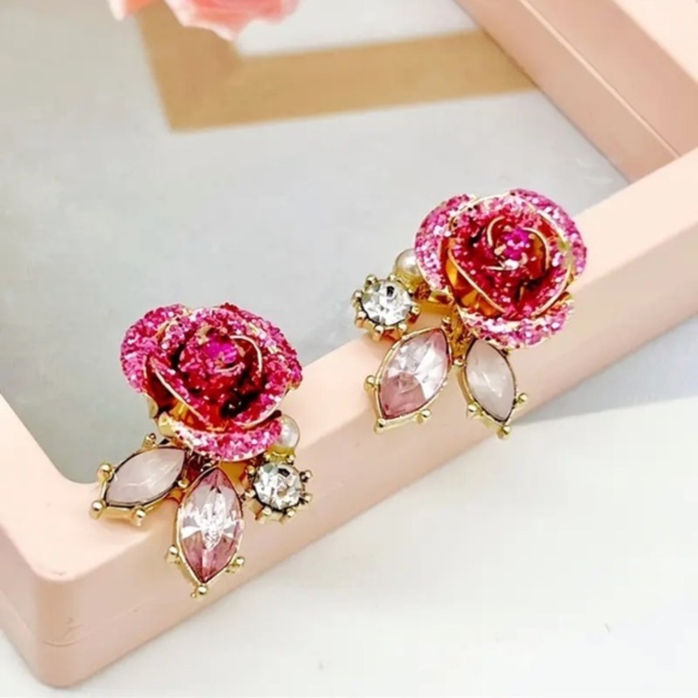 Pink Rose Crystal Flower Stud Earrings Gold Tone NWT